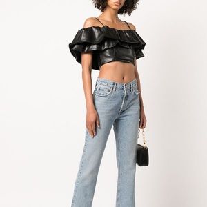 Alice + Olivia Black Vegan Leather Ruffle Top size 2 NWT